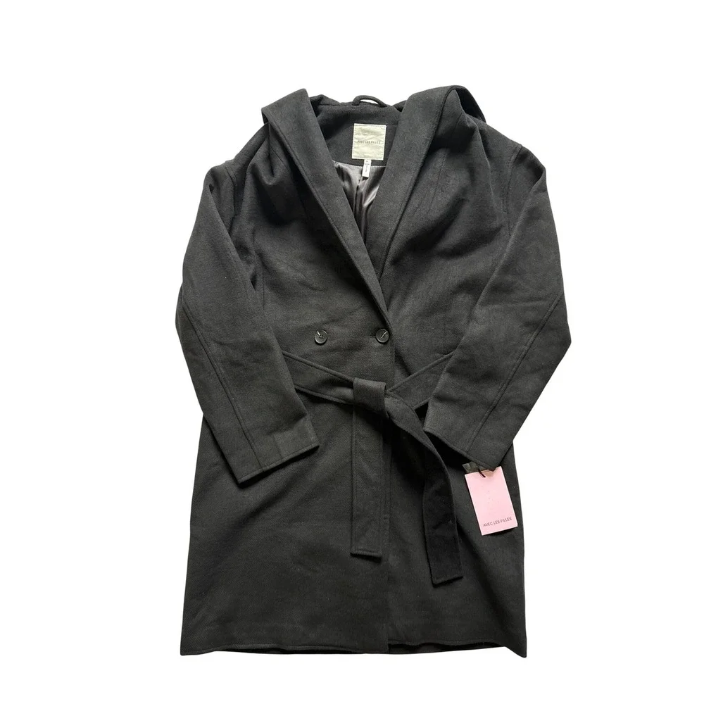 Avec Les Filles Black Hooded Double Breasted Belted Trench Coat Size M 69286 NEW
